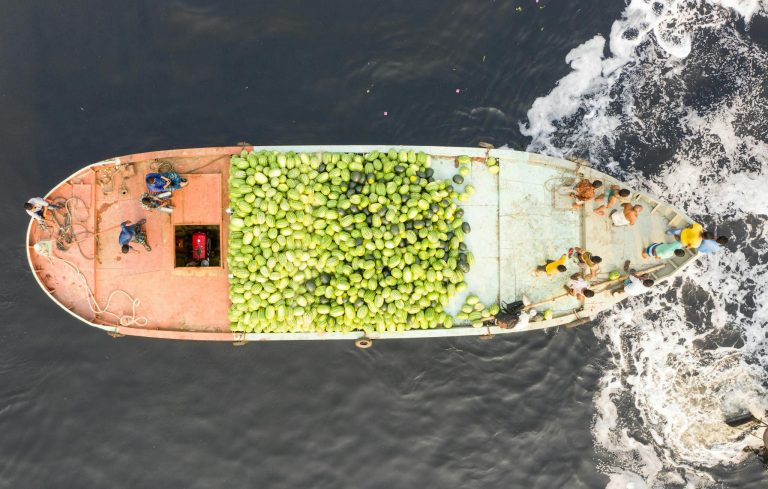 High-angle view of a boat transporting watermelons on the sea.